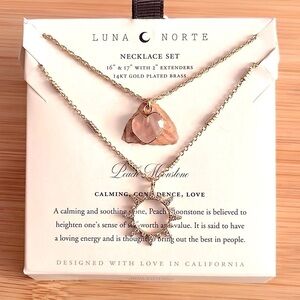 Brand New Luna Norte 14K Gold Plated Necklace Set Peach Moonstone Heart & Sun